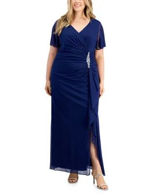 Alex Evenings Plus Size Flutter-Sleeve Embellished-Trim Gown