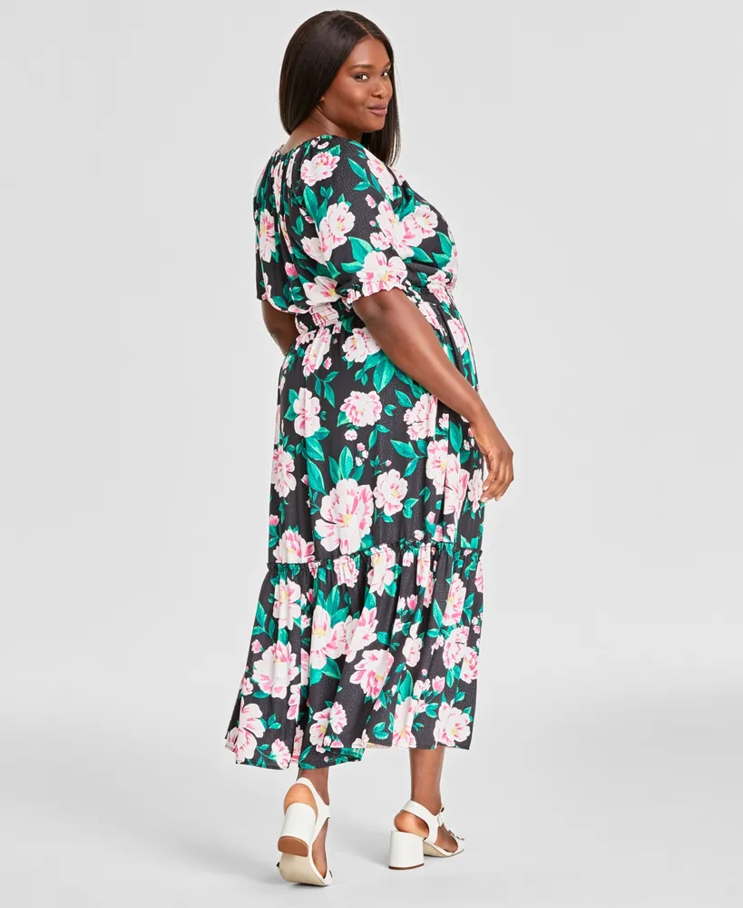 On 34th Plus Size Elbow-Sleeve Tiered Maxi Dress, Created for Macy's