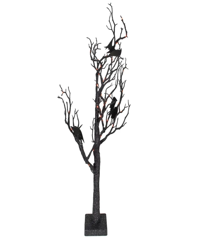 26.5" Black Glittered Battery Operated Led Tabletop Halloween Tree with Bats and Lights