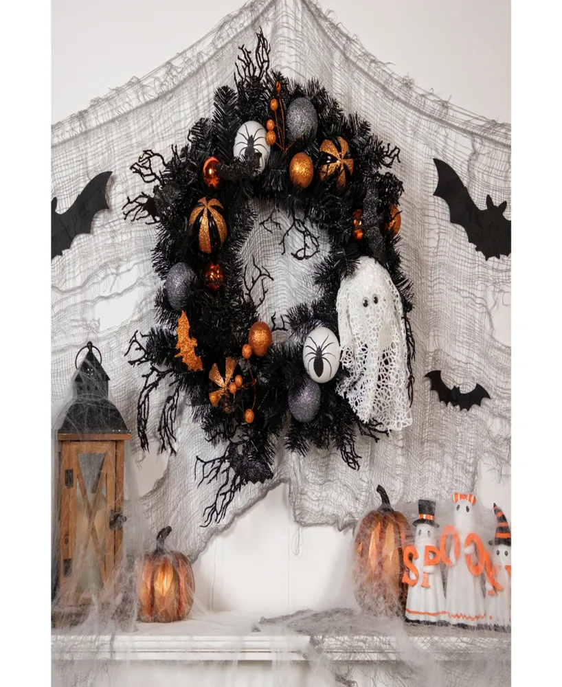 Ornaments and Ghost Halloween Pine Wreath, 24" Unlit
