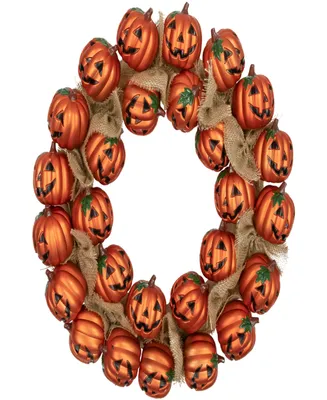 Jack-o-Lantern and Burlap Ribbon Halloween Wreath, 20" Unlit