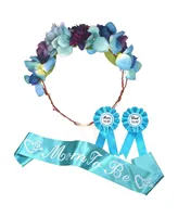 Meant2tobe Baby Shower Decoration for Mom To Be & Dad To Be, Dark Blue Flowers style Tiara + Blue & White Sash + Blue & White "Dad to be" pin, Materni