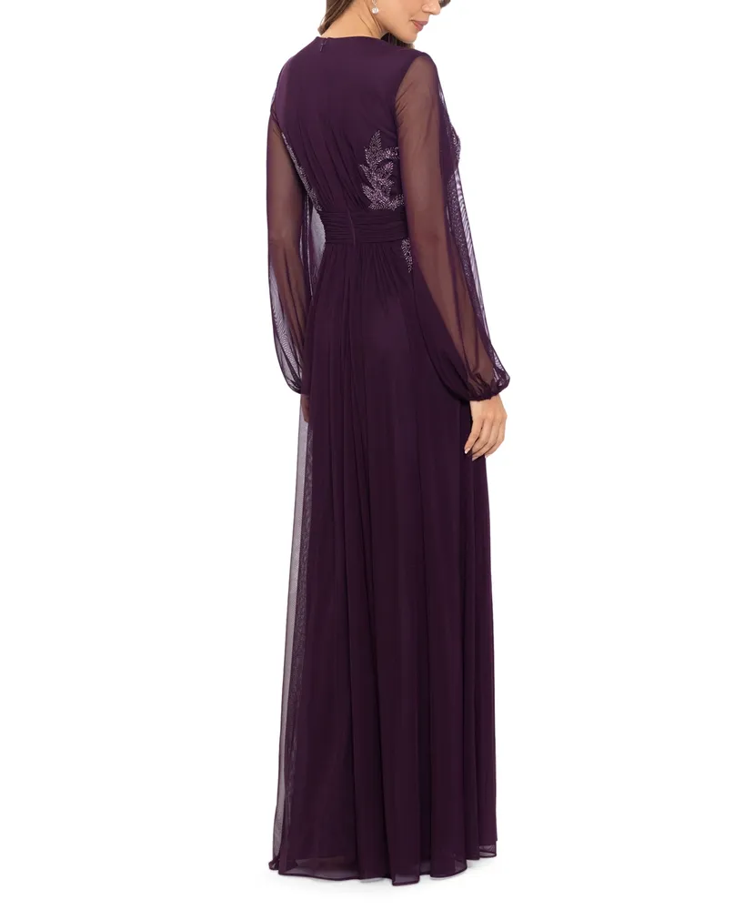 Betsy & Adam Women's V-Neck Embroidered Chiffon Gown