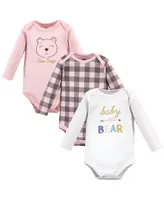 Hudson Baby Girls Cotton Long-Sleeve Bodysuits Bear, 3-Pack