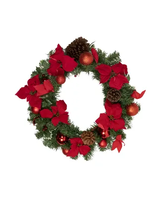 Poinsettia with Pinecone and Ball Artificial Christmas Wreath- 24" Unlit