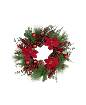 Artificial Berry and Poinsettia Christmas Wreath 28" Unlit