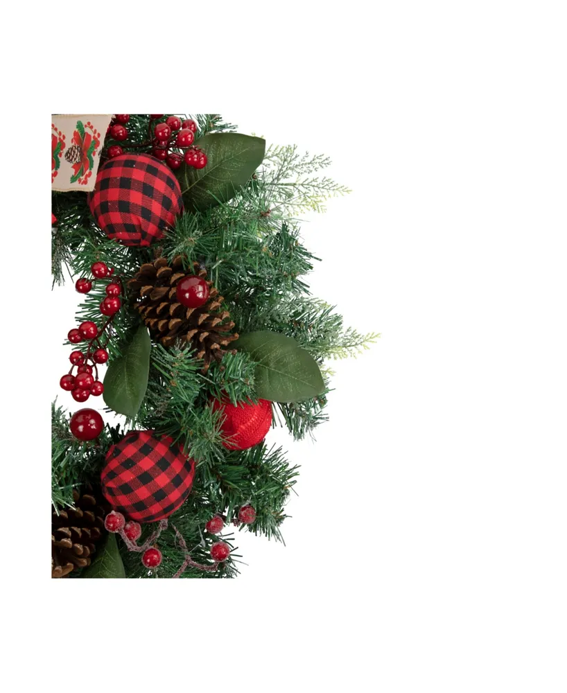 Pine Artificial Christmas Wreath with Bows and Plaid Ornaments 24" Unlit