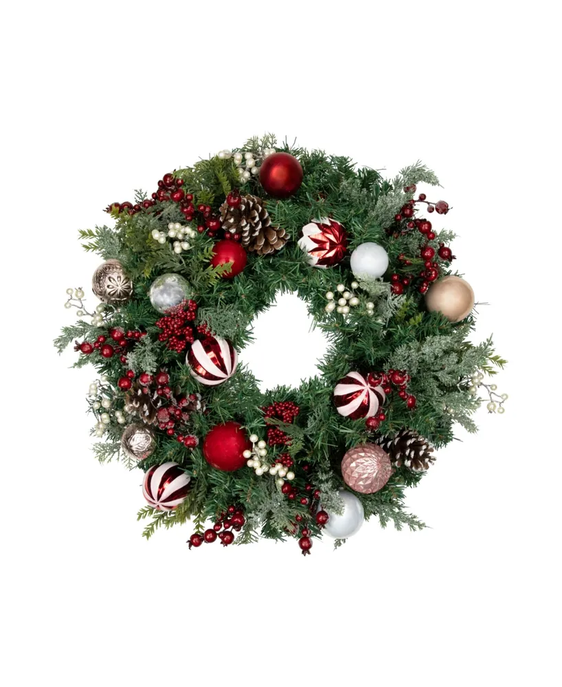 Mixed Pine with Christmas Ball Ornaments Artificial Wreath 28" Unlit