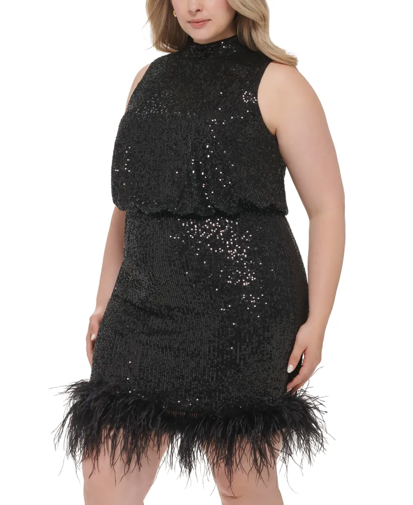 Eliza J Plus Sequined Feathered-Hem Cocktail Dress