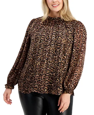 Anne Klein Plus Size Ruffled Long-Sleeve Printed Blouse