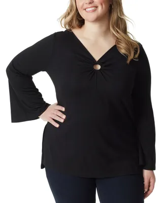 Jessica Simpson Plus Size Jasleen Keyhole Bell-Sleeve Ribbed Tunic Top