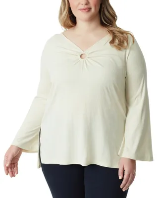 Jessica Simpson Plus Jasleen Keyhole Bell-Sleeve Ribbed Tunic Top