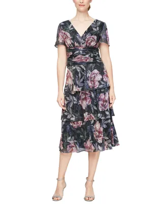 Sl Fashions Women's Floral-Print Ruched-Waist Flutter-Sleeve Tiered Dress