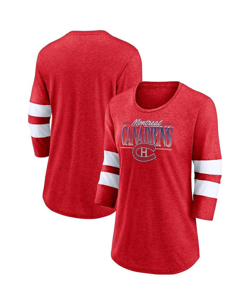 Women's Fanatics Heathered Red, White Montreal Canadiens Full Shield 3/4-Sleeve Tri-Blend Raglan Scoop Neck T-shirt