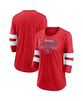 Women's Fanatics Heathered Red, White Montreal Canadiens Full Shield 3/4-Sleeve Tri-Blend Raglan Scoop Neck T-shirt