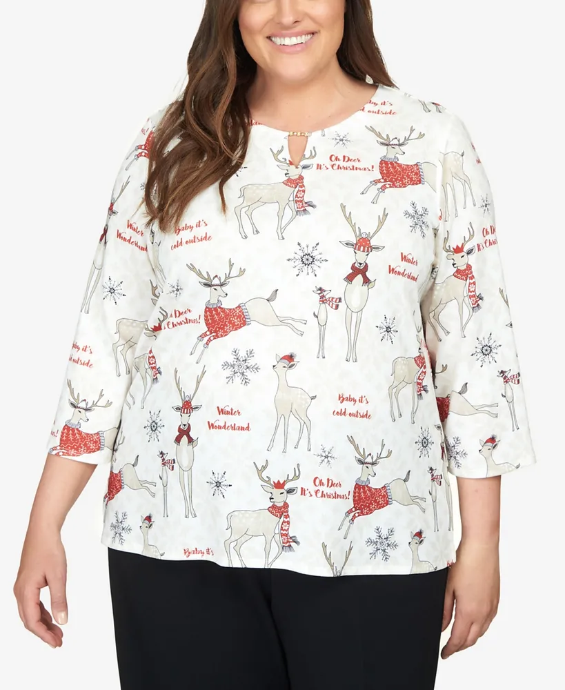 Alfred Dunner Plus Size Classics Oh Deer Split Neck Top