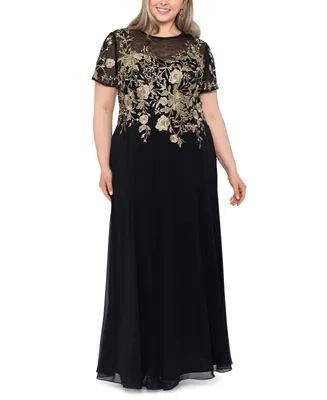 Betsy & Adam Plus Beaded Embroidered Gown