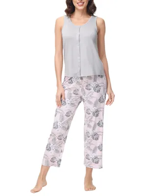 Ink+Ivy Women's 2 Piece Button Down Top with Cropped Wide Leg Pants Pajama Set