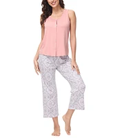 Ink+Ivy Women's 2 Piece Button Down Top with Cropped Wide Leg Pants Pajama Set