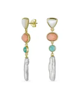 Bling Jewelry Modern Tri Tone Pastel Pink Green s Geometric Thin Long White Freshwater Cultured Baroque Pearl Dangle Earrings Gold Plated