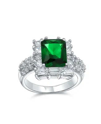 Bling Jewelry Fashion Rectangle Solitaire Cubic Zirconia Cz Pave Simulated Emerald Green Art Deco Style 5CT Cocktail Statement Ring For Women