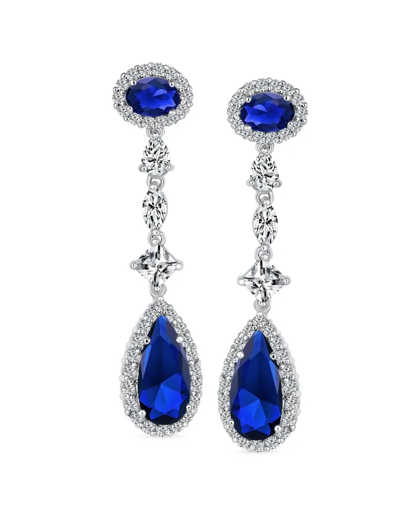 Bling Jewelry Wedding Simulated Royal Blue Sapphire Cubic Zirconia Halo Long Pear Solitaire Teardrop Cz Statement Dangle Chandelier Earrings Pageant B