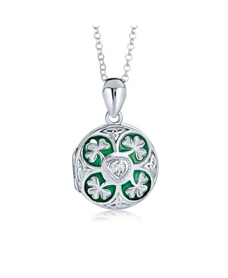 Bling Jewelry Bff Lucky Green Enamel Shamrock Clover Round Celtic Irish Two Photo Round Memorial Hold Pictures Locket Necklace For Women Sterling Silv