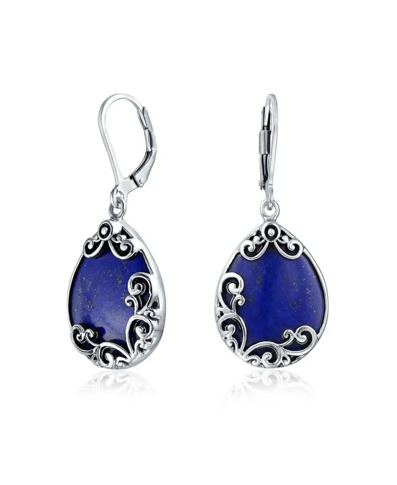 Bling Jewelry Western Style Teardrop Scroll Filigree Scroll Blue Natural Lapis Lazuli Lever Back Dangle Earrings For Women Sterling Silver