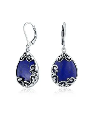 Bling Jewelry Western Style Teardrop Scroll Filigree Scroll Blue Lapis Lazuli Lever Back Dangle Earrings For Women .925 Sterling Silver