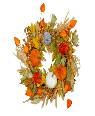 Velvet Pumpkins and Wheat Artificial Fall Harvest Wreath - 24" Unlit