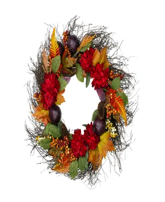 Mums and Pomegranates Artificial Fall Harvest Floral Wreath 28"