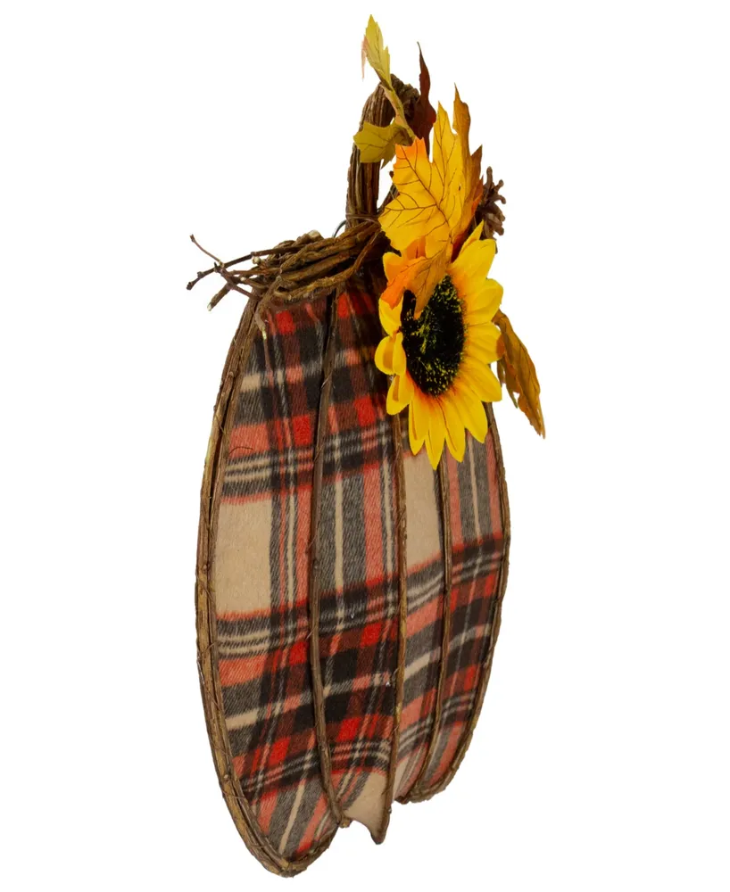 14" Orange and Brown Plaid Fall Harvest Pumpkin Wall Decor