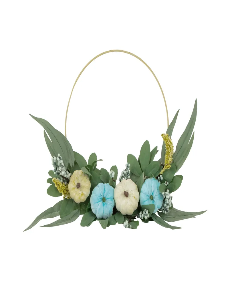 Blue Pumpkins and Foliage Thanksgiving Artificial Half Wreath 18"