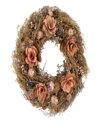 Orange and Coral Pink Twig and Floral Autumn Harvest Wreath 13.75" Unlit