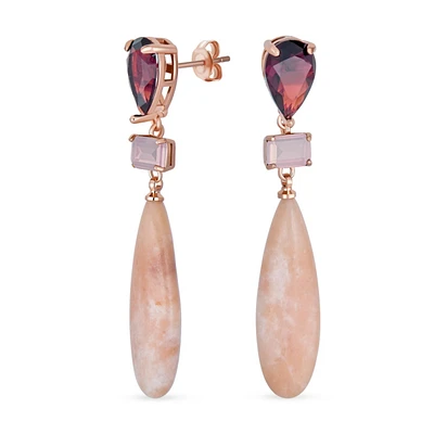 Bling Jewelry Linear Multi Color Black Natural Onyx Blue Turquoise Navy Sodalite Rose Quartz Chandelier Elongated Long Teardrop Dangling Earrings