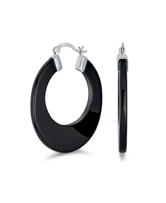 Bling Jewelry Wide Flat Black Gemstone Large Oval Hoop Earrings Western Jewelry For Women Teen .925 Sterling Silver 1.5" Diameter