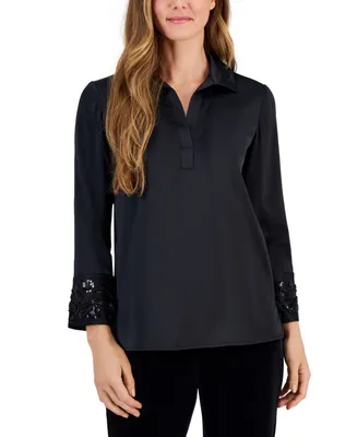 Anne Klein Women's Embellished-Sleeve Collared Blouse