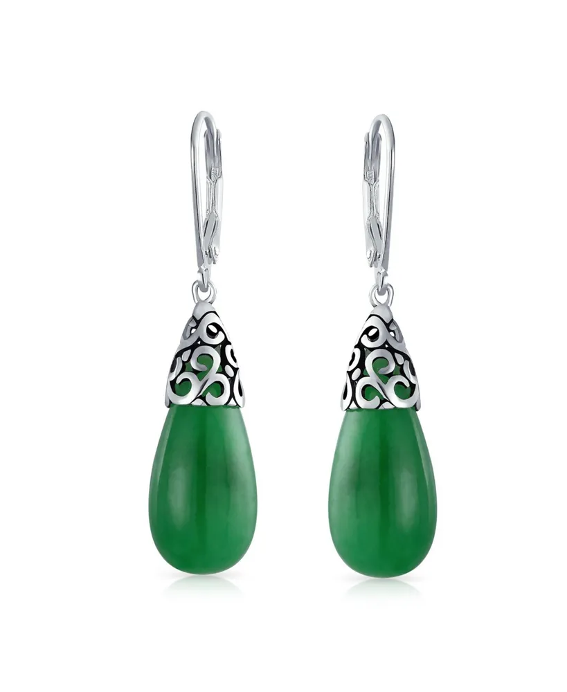 Bling Jewelry Western Style Gemstone Dyed Green Jade Elongated Teardrop  Filigree Lever Back Dangle Earrings For Women .925 Sterling Silver