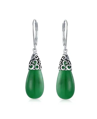 Bling Jewelry Western Style Gemstone Dyed Green Jade Elongated Teardrop Filigree Lever Back Dangle Earrings For Women .925 Sterling Silver