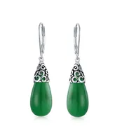 Bling Jewelry Western Style Dyed Green Natural Jade Elongated Teardrop Filigree Lever Back Dangle Earrings For Women Sterling Silver