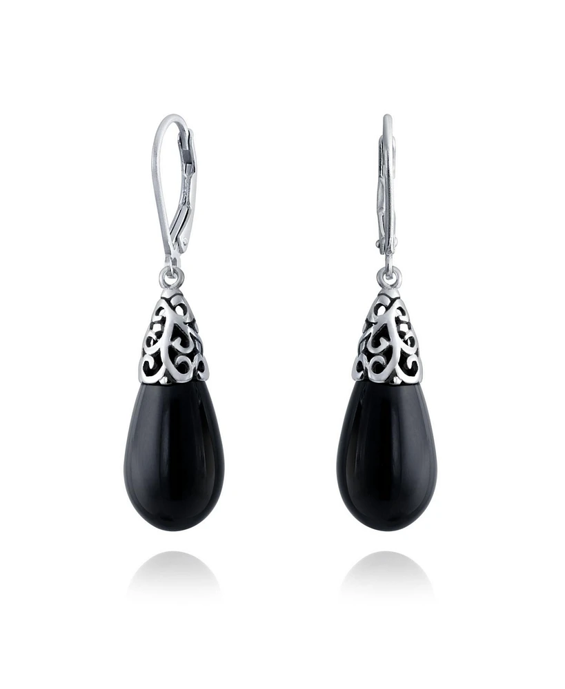 Bling Jewelry Western Style Stabilized Natural Turquoise Elongated Teardrop Filigree Lever Back Dangle Earrings Sterling Silver