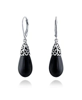 Bling Jewelry Western Style Stabilized Natural Turquoise Elongated Teardrop Filigree Lever Back Dangle Earrings Sterling Silver