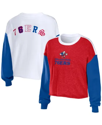 Women's Wear by Erin Andrews Heather Red Philadelphia 76ers Mixed Letter Cropped Pullover Sweatshirt
