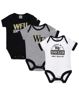 Infant Boys and Girls Champion Black, Heather Gray Wake Forest Demon Deacons I Wanna Be Three-Pack Bodysuit Set