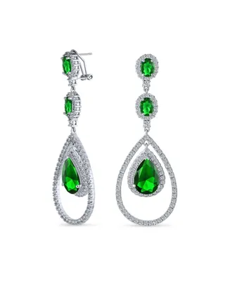 Bling Jewelry Art Deco Style Wedding Simulated Green Emerald Aaa Cubic Zirconia Double Halo Large Teardrop Cz Statement Dangle Chandelier Earrings For