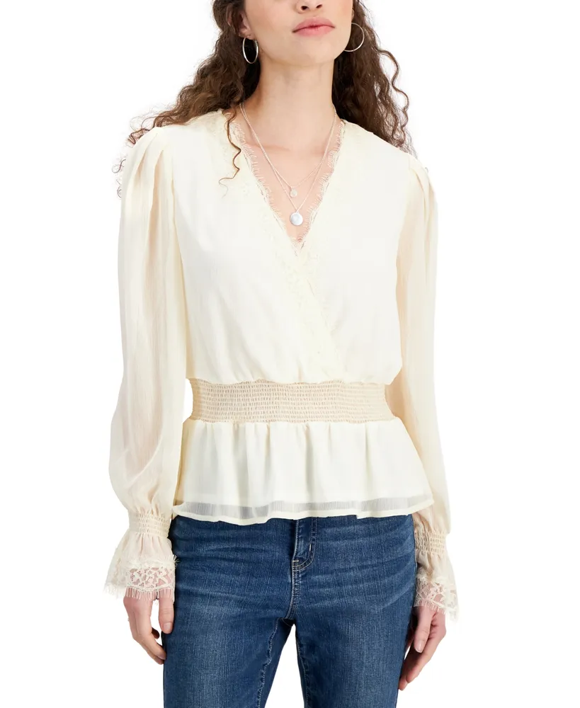 Self Esteem Juniors' Lace-Trim Bell-Sleeve Peasant Top