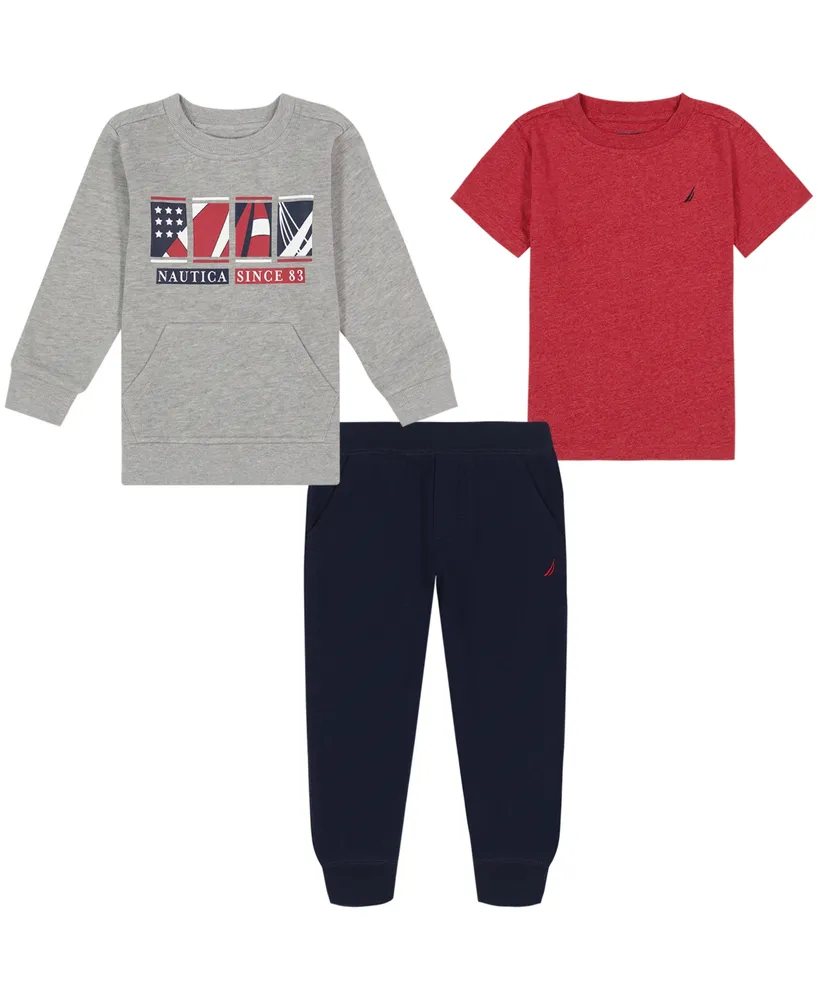 Nautica Baby Boys Short Sleeve T-shirt, Fleece Logo Raglan Crewneck  Sweatshirt and Joggers, 3 Piece Set
