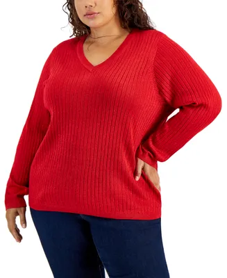 Tommy Hilfiger Plus Size Ribbed Metallic-Threaded Sweater