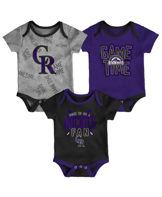 Newborn and Infant Boys Girls Colorado Rockies Black, Heathered Gray, Purple Game Time Three-Piece Bodysuit Set