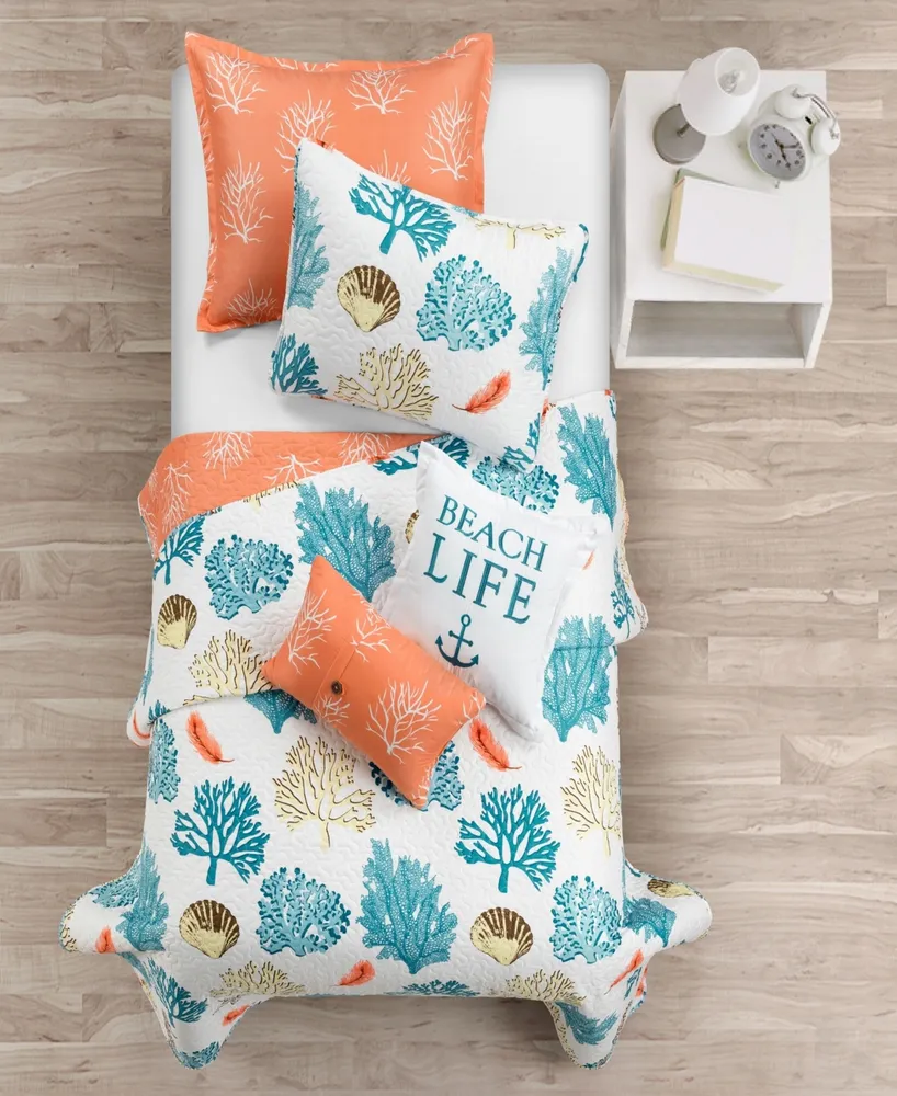 Lush Decor Coastal Reef Feather Reversible Oversized 5-Piece Quilt, Twin/Twin Xl